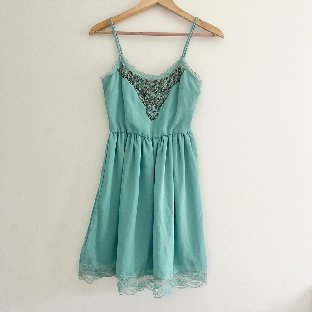 American Rag Beaded Lace Babydoll Dress w Adjustable Straps Layered Teal READ XS